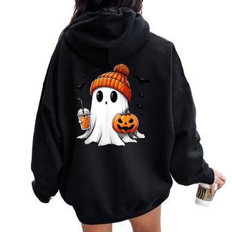 Cute Ghost Drinking Coffee Halloween Ghost Ice Coffee Women Oversized Hoodie Back Print - Thegiftio UK