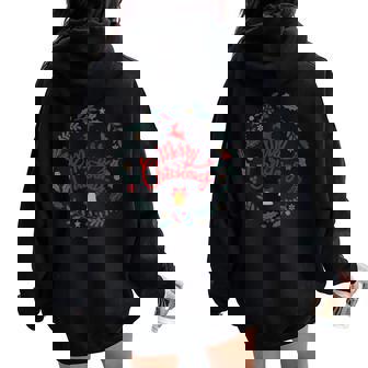 Cute Red Merry Christmas Deer Tree Leaves Golden Bell Women Oversized Hoodie Back Print - Monsterry