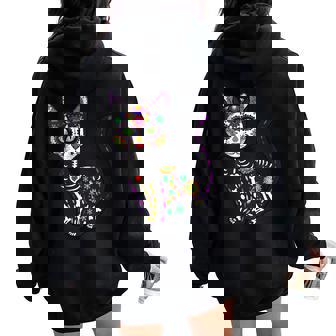 Cute Sugar Skull Mexican Cat Halloween Day Of The Dead Women Oversized Hoodie Back Print | Mazezy