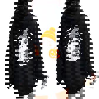 Ghost With Coffee Beanie And Pumpkin Halloween Costume Women Oversized Hoodie Back Print - Thegiftio