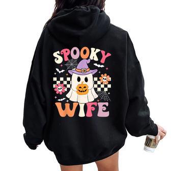 Groovy Spooky Wife Retro Ghost Holding Pumpkin Halloween Women Oversized Hoodie Back Print - Thegiftio UK