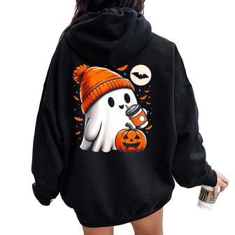 Halloween For Ghost Drinking Coffee Halloween Women Oversized Hoodie Back Print - Thegiftio UK