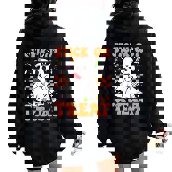 Retro Stick Or Treat Cute Ghost Nurse Phlebotomist Halloween Women Oversized Hoodie Back Print | Mazezy