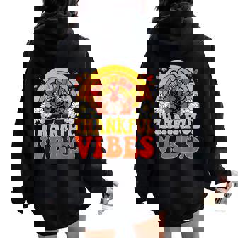 Retro Thankful Vibes Cute Turkey Rainbow Thanksgiving Women Oversized Hoodie Back Print - Thegiftio UK