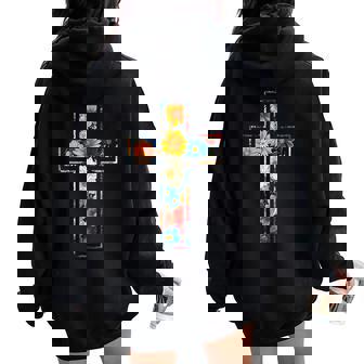 Silhouette Élégante Fleurs Foi Croix Chrétienne Florale Women Oversized Hoodie Back Print - Cadeauxyz