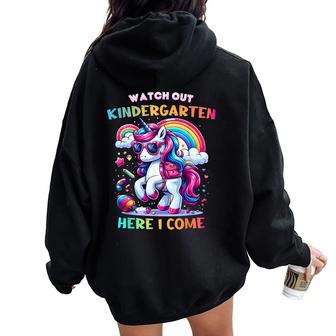 Unicorn Rainbow Watch Out Kindergarten Here I Come Kinder Women Oversized Hoodie Back Print - Thegiftio UK