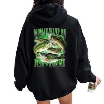 Vintage Want Me Fish Bass Fear Me Lover Fishing Women Oversized Hoodie Back Print - Thegiftio UK