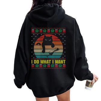 I Do What I Want Ugly Xmas Sweater Cat Wine Lover Women Oversized Hoodie Back Print - Thegiftio UK