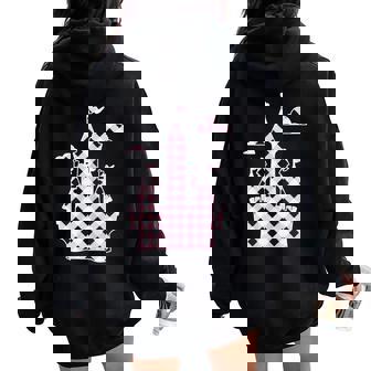 Pink Girl's Castle Checkered Pattern Background Graphic Women Oversized Hoodie Back Print - Monsterry