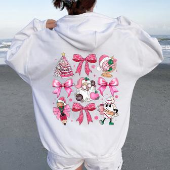 Pink Santa Teacher Christmas Coquette Bow Pencil Santa Women Oversized Hoodie Back Print - Thegiftio UK