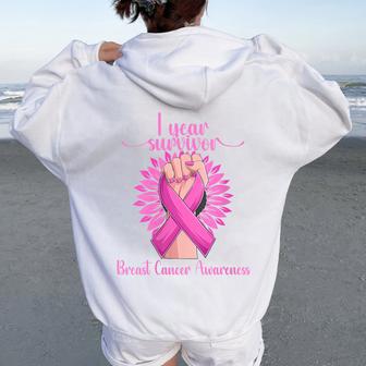 1 Year Breast Cancer Free Survivor Women Oversized Hoodie Back Print - Thegiftio UK