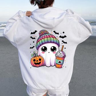 Cute Ghost Drinking Coffee Latte Ghost Boo Halloween Women Women Oversized Hoodie Back Print - Thegiftio