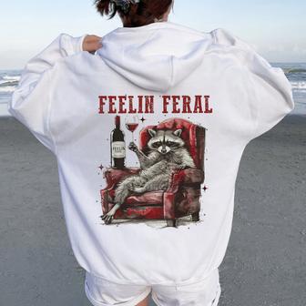 Feelin Feral Vintage Retro Raccoon With Wine Lovers Women Oversized Hoodie Back Print - Thegiftio UK