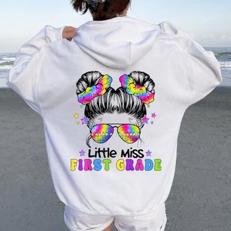 First Day Of School Girls Messy Bun Lil Miss First Grade Women Oversized Hoodie Back Print - Thegiftio UK