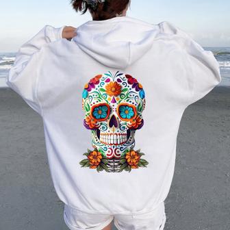 Floral Sugar Skull Day Of Dead Dia De Los Muertos Men Women Oversized Hoodie Back Print - Thegiftio UK