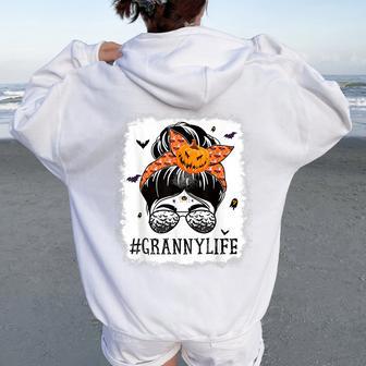 Granny Messy Bun Spooky Pumpkin Grandma Halloween Costume Women Oversized Hoodie Back Print - Thegiftio UK