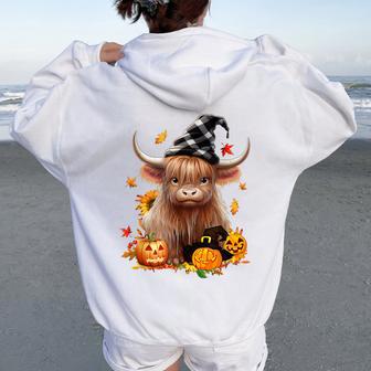 Halloween Highland Cow Witchy Cow Spooky Pumpkin Hello Fall Women Oversized Hoodie Back Print - Thegiftio UK