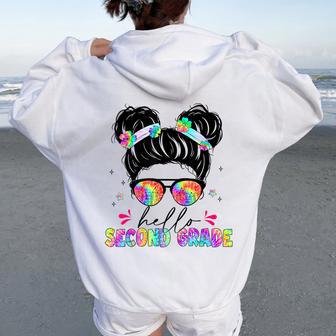 Hello Second Grade Messy Bun Tie Dye Back To School Women Oversized Hoodie Back Print - Thegiftio UK