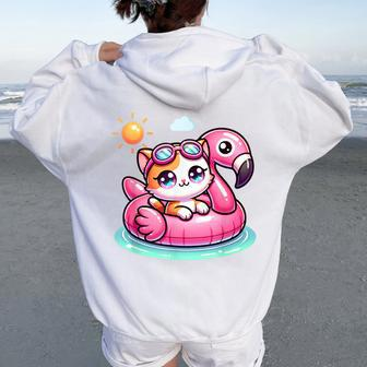 Kitten Cat Pink Flamingo Summer Vibes Beach Lover Cute Girls Women Oversized Hoodie Back Print - Monsterry CA