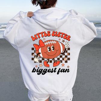 Little Sister Biggest Fan Football Groovy Game Day Girls Kid Women Oversized Hoodie Back Print - Thegiftio UK