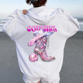 Pink Cowgirl Boots Disco Western Country Cow Girl Coastal Women Oversized Hoodie Back Print - Thegiftio UK