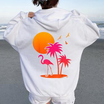 Pink Flamingo Summer Vibes Palm Trees Tropical Summer Women Oversized Hoodie Back Print - Monsterry
