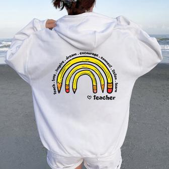 Rainbow Pencils Heart Teacher Teach Love Inspire Men Women Oversized Hoodie Back Print - Thegiftio UK