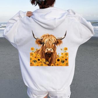 Scottish Highland Cow Sunflowers Heifer Country Farmer Girl Women Oversized Hoodie Back Print - Thegiftio UK