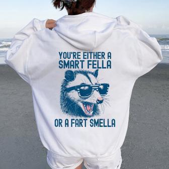 Are You A Smart Fella Or Fart Smella Sarcastic Racoon Women Oversized Hoodie Back Print - Thegiftio UK