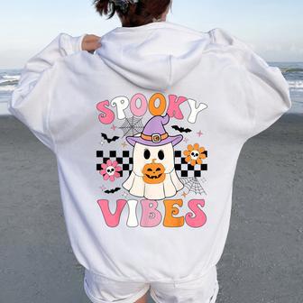 Spooky Vibes Ghost Holding Pumpkin Groovy Halloween Ghost Women Oversized Hoodie Back Print - Thegiftio UK