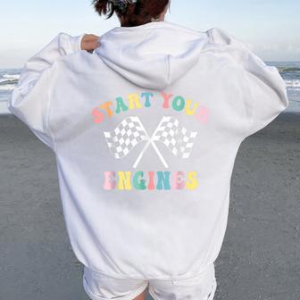Start Your Engines Groovy Checkered Flag Retro Racing Black Women Oversized Hoodie Back Print - Thegiftio UK
