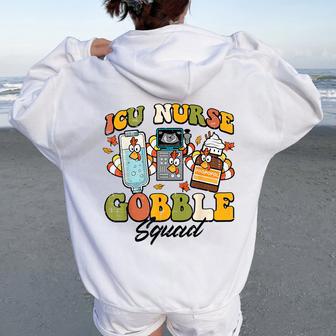 Thanksgiving Icu Nurse Gobble Squad Fall Scrub Top Men Women Oversized Hoodie Back Print - Thegiftio UK