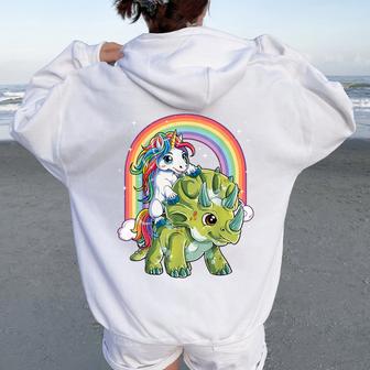 Unicorn Riding Dinosaur T Triceratops Rainbow Women Oversized Hoodie Back Print - Thegiftio UK