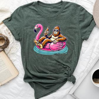 Bigfoot Chilling On Flamingo Float With Beer Fun Summer Vibe Bella Canvas T-shirt - Monsterry