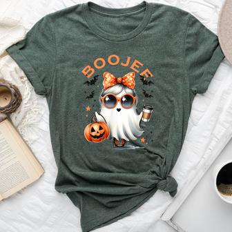 Boo Jee Ghost With Coffee Coquette Bow Halloween Girl Bella Canvas T-shirt - Thegiftio UK