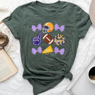 Coquette Bow Football Purple Gold Game Cheer Mom Touchdown Bella Canvas T-shirt - Thegiftio UK