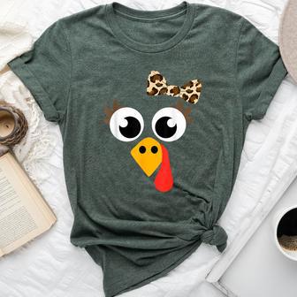 Cute Turkey Face With Leopard Bow For Thanksgiving Girl Bella Canvas T-shirt - Thegiftio UK