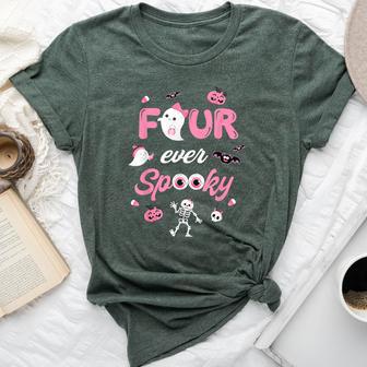 Four Ever Spooky Halloween Ghost 4Th Birthday Girl Bow Ghost Bella Canvas T-shirt - Thegiftio UK