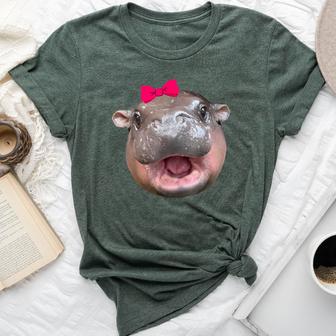 Moo Deng Hippo Cute Baby Pygmy Coquette Pink Bow Women Bella Canvas T-shirt - Thegiftio UK