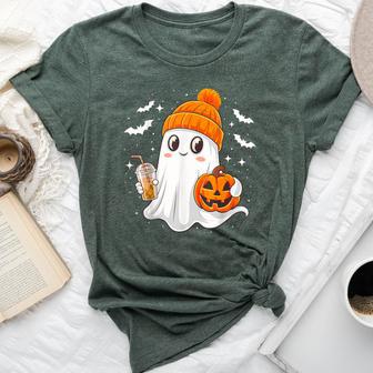 Ghost With Coffee Beanie And Pumpkin Halloween Costume Bella Canvas T-shirt - Thegiftio UK