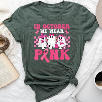 Groovy In October We Wear Pink Halloween Ghost Breast Cancer Bella Canvas T-shirt - Thegiftio UK