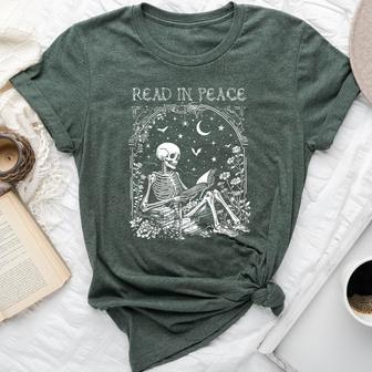 Read In Peace Skeleton Reading Teacher Spooky Halloween Bella Canvas T-shirt - Thegiftio UK