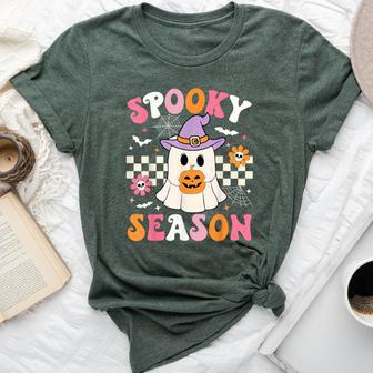 Spooky Season Ghost Holding Pumpkin Groovy Halloween Ghost Bella Canvas T-shirt - Thegiftio UK