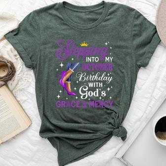 Stepping Into My October Birthday Afro Woman Purple Heels Bella Canvas T-shirt - Thegiftio UK
