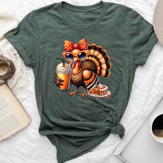 Turkey Drinking Coffee Bow Thanksgiving Turkey Day Bella Canvas T-shirt - Thegiftio UK