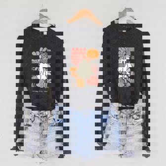 Boho Floral Fall Boho Ghost Cute Halloween For Women Girl Raglan Sleeve Sweatshirt - Monsterry