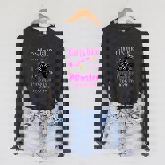 Cute Monster Truck Girls Like Monster Trucks Too Sponge Fleece Raglan Crewneck Sweatshirt - Monsterry
