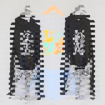 Love 60'S 70'S Party Outfit Groovy Hippie Costume Peace Sign Sponge Fleece Raglan Crewneck Sweatshirt - Monsterry