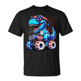 4Th Of July Boys Patriotic Dinosaur Rex Monster Truck T-Shirt - Monsterry
