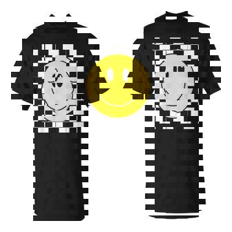Amarilla De Los Años 70 Con Cara Sonriente A Cuadros Camiseta unisex - Regaloses